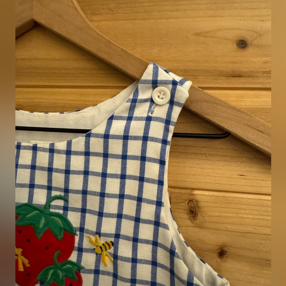 Vintage Kelly’s Kids Size 7 Blue White Gingham Strawberry Bee Tank Dress Summer - Picture 2 of 9